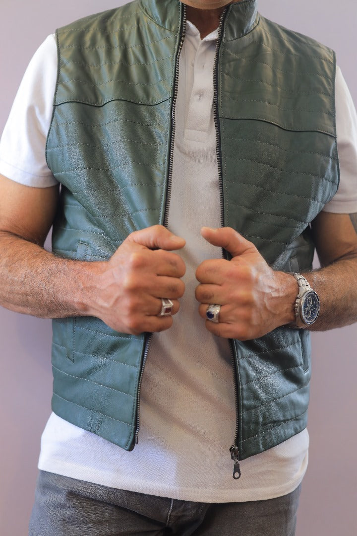 Olive Green Quilted Leather Vest – Stylish & Rugged for Everyday Wear